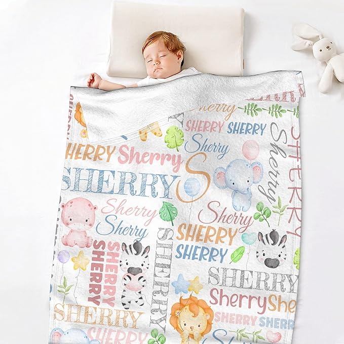 Personalized Baby Blanket for Girls Boys Lion Elephant Custom Baby Blanket with Name Swaddle Blanket for Toddlers Infants Kids Shower Newborns Nursery Stroller Crib Decor Throw Birthday Gift