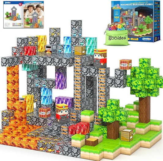 Magnetic Blocks 100PCS 1 inch Magnetic Building Cubes Kids Magnet Toys Crystal Mine Cave Inspired Playset Magworld Add-on Building Craft Sensory Toys Game Gifts for Ages 3-5 4-6 5-7 8-12