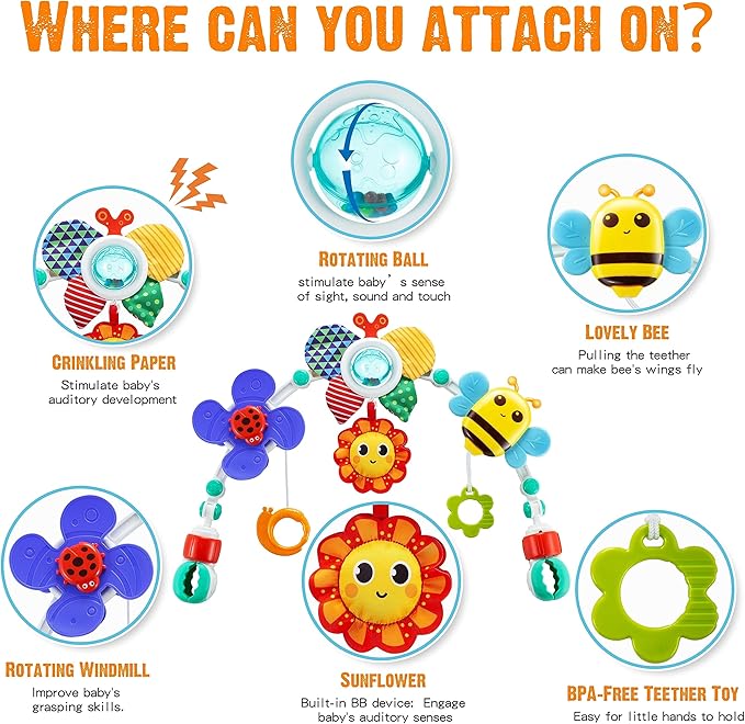 Adjustable Arch Bassinet Toys for Infant & Toddlers, Stroller Arch, Baby Crib Toys with Fascinating Hanging for Stimulating Baby’s Senses and Developing Motor Skills