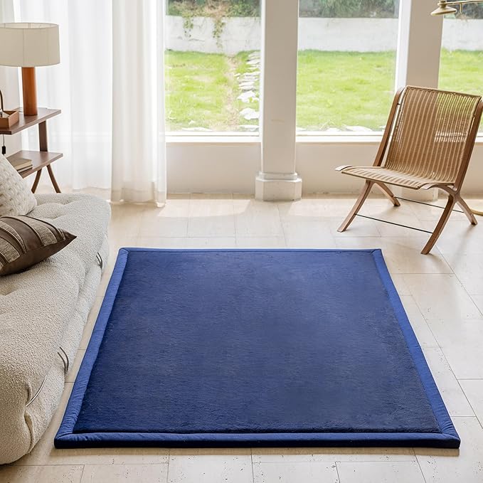 Loartee Faux Rabbit Fur Rug - 1.18" Thick Soft Fluffy Area Rug, Non-Slip Memory Foam Crawling Mat, Dark Blue, 78"x94"