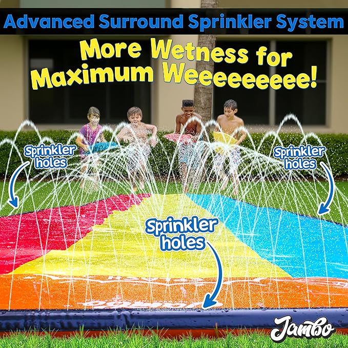 Jambo 16ft Premium Slip Splash and Slide, Three- Way Sprinkler System with 3 Body Boards, Water Slide with Advanced Sprinklers System | Backyard Waterslide Outdoor Water Toys Slides for Kids