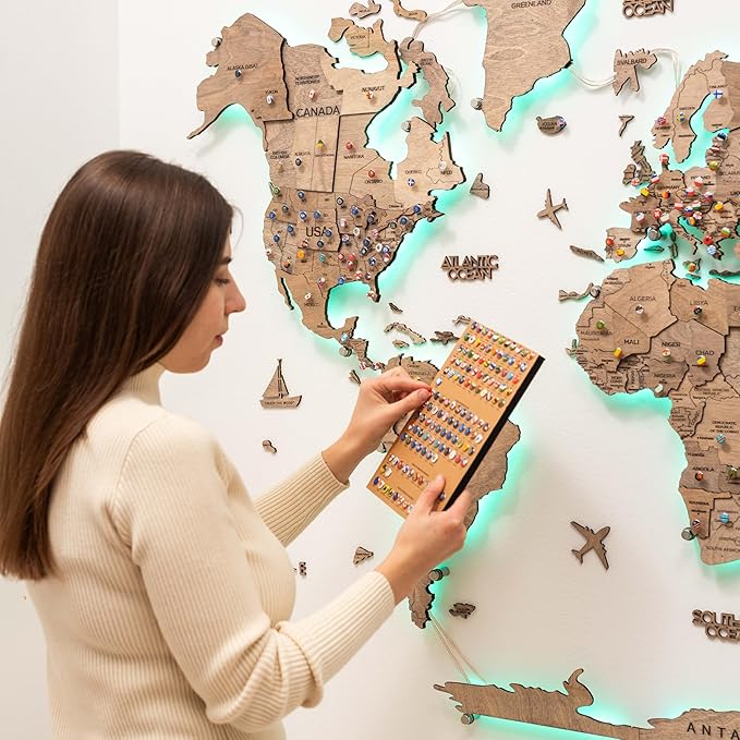 Enjoy The Wood 3D Wood World Map LED 3.0 Wall Art Modern Home Decor Gifts LED Lighting Wall Decor Housewarming Gift (Terra)