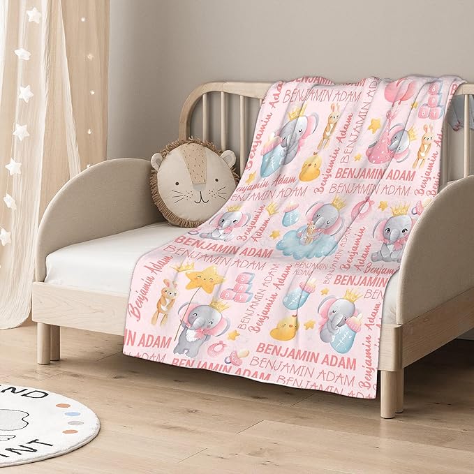 Personalized Baby Blanket for Girls Boys Elephant Custom Baby Blanket with Name Swaddle Blanket for Toddlers Infants Kids Shower Newborns Nursery Stroller Crib Decor Throw Birthday Gift
