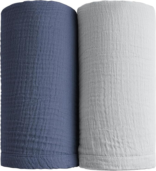 Konssy Muslin Swaddle Blankets for Boys Girls, 2 Pack Receiving Baby Blanket Large 47 x 47 inches, Soft Breathable Swaddling Wrap for Unisex Newborn (Navy, Grey)
