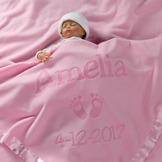 Custom Catch Personalized Newborn Gift Baby Blanket for Girl - Name with Infant Heart Feet Design - Pink or Blue (Multi-line Text)