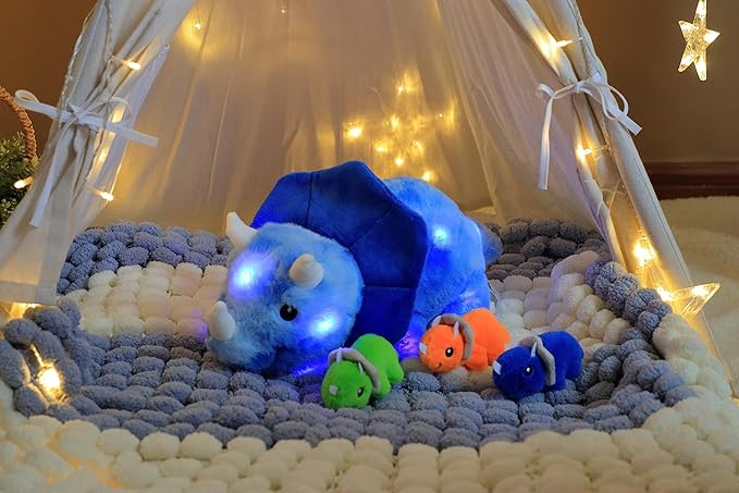Hopearl LED Plush Dinosaur Lighting Up Stuffed Mommy Triceratops with 3 Babies in her Tummy Floppy Stuffed Animal Playset Night Lights Glow in The Dark Gifts for Kids Toddler Boys, Blue, 15''