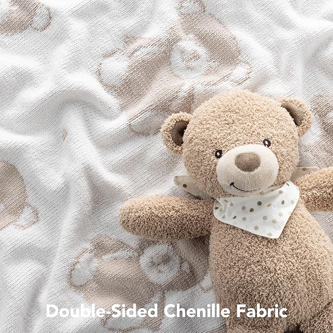 Berkshire Baby Blanket,Ultra-Plush Reversible Chenille Knit Toddler Blanket,Cute Pattern Nursery Crib Blanket,Ideal Baby Gift(30x40 Inches,Teddy Bear Knit White-Tan)