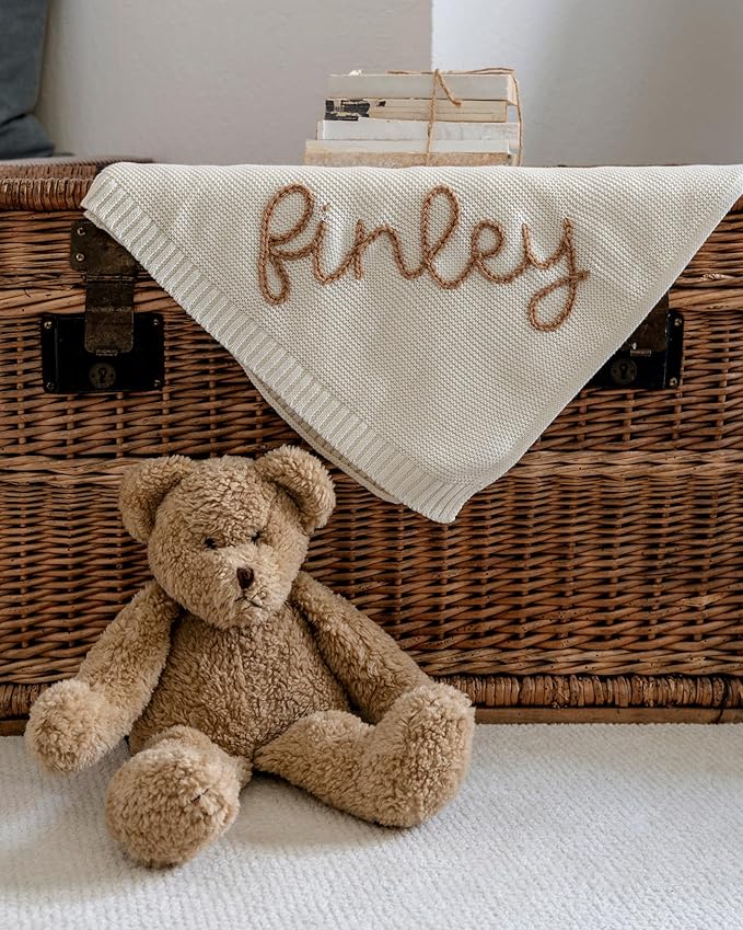 NAZENTI Personalized Hand Embroidered Baby Knit Blanket, Custom Baby Name, Newborn Baby Gifts, Cotton Knit Stroller Blanket, Custom Gifts for Birthday Baby Boys Baby Girls #13