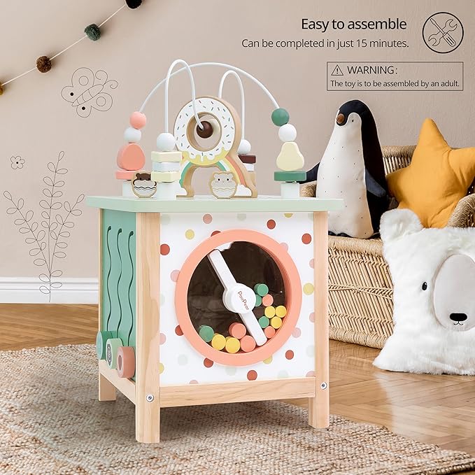 PairPear Wooden Activity Cube Montessori Toys Wooden Play Cube Activity Center Baby Busy Board Multifunctional Early Educational Development Toys Sensory Gifts for Toddlers Girls Boys 1 2 3 Year Old