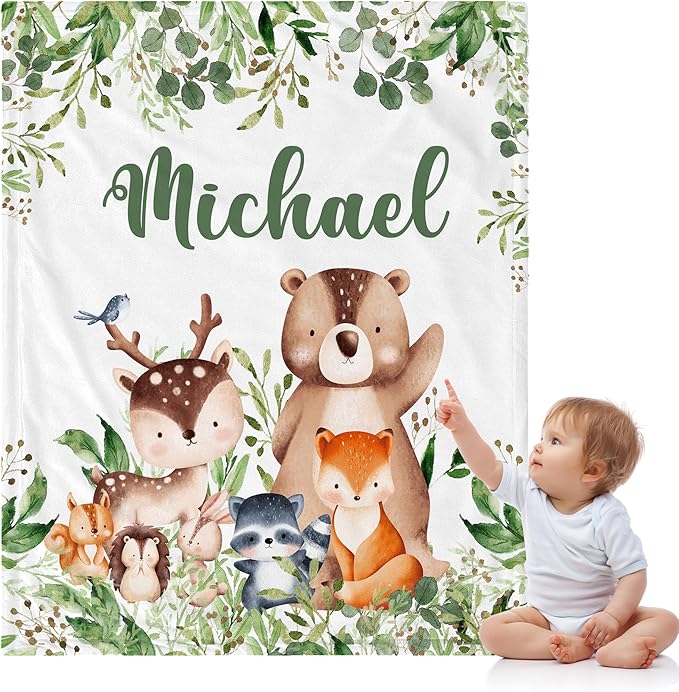 J&SBGFT Personalized Baby Blanket for Boys with Custom Name, Jungle Animal Receiving Blanket for Toddlers, Kids Nursery, Stroller, Crib, Decor Throw