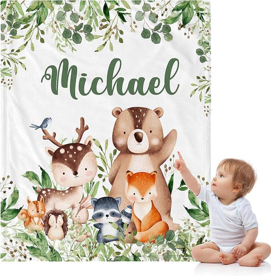 J&SBGFT Personalized Baby Blanket for Boys with Custom Name, Jungle Animal Receiving Blanket for Toddlers, Kids Nursery, Stroller, Crib, Decor Throw