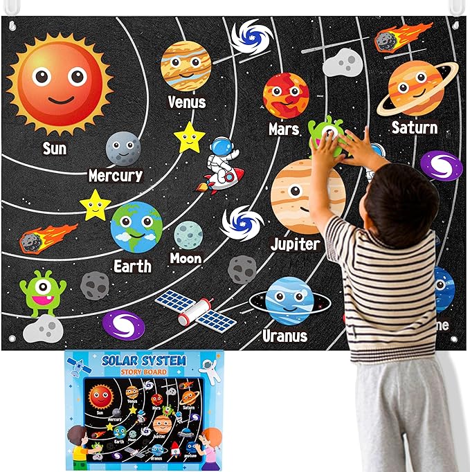 WATINC 44Pcs Outer Space Felt Story Board Set 3.5 Ft Solar System Universe Storytelling Flannel Interactive Play Kit with Hooks Astronaut Planets Alien Galaxy Reusable Wall Hanging Gift for Boys Girls