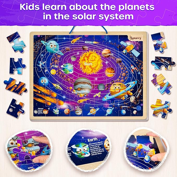 SYNARRY Large USA World Solar System Wooden Magnetic Puzzles for Kids Ages 4-6, Wood Puzzles Educational Games Toys Gifts for Toddlers, United States World Planet Space Map for Boys Girls Ages 3-5 4-8