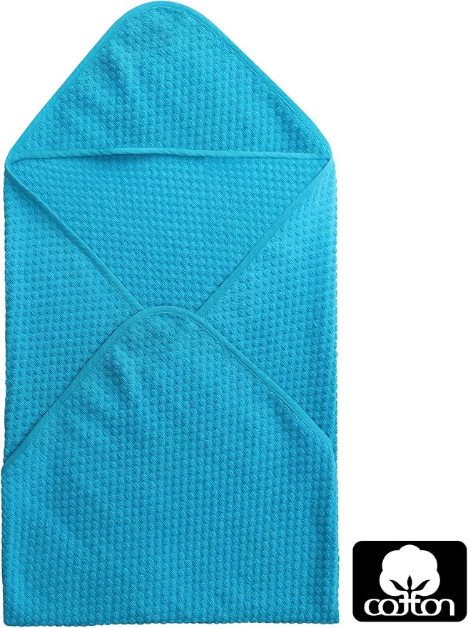 ORIGINAL KIDS Hooded Baby Towel for Newborn - Soft Snugly Waffle Weave Baby Bath Towel with Hood for Infants, Toddlers - 100% Cotton Wrap - Absorbent Newborn Bath Essentials - Large 32x32 - Aqua