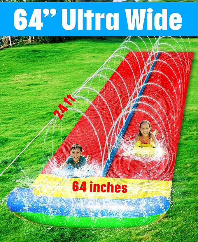 JAMBO 24Ft XL Slip Splash and Slide and 2 Bodyboards, Heavy Duty Lawn Water Slide, Summer Water Toy with Sprinkler for Backyard Outdoor Water Fun n Toys for Kids, Splash Mat Splash Pad