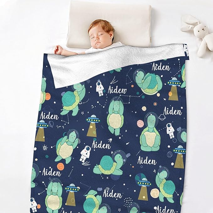 Personalized Custom Baby Blanket for Girls & Boys - Astronaut & Turtle Themed Swaddle Blanket for Toddlers, Infants & Newborns - Nursery, Stroller & Crib Decor - Throw & Birthday Gift