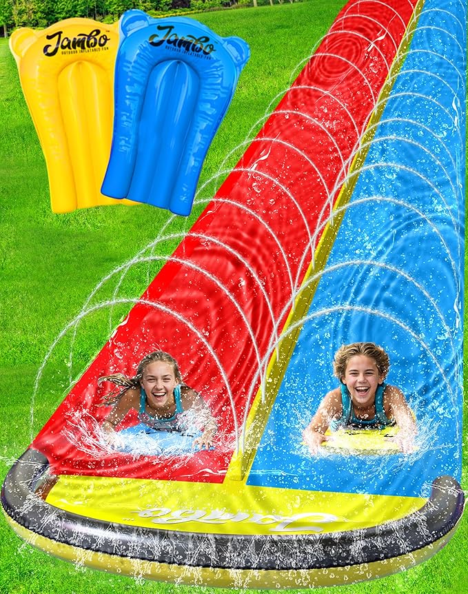 JAMBO 25ft Double Lane Slip Splash and Slide with 2 Bodyboards with Built in Sprinkler for Backyard Outdoor Water Fun for Kids