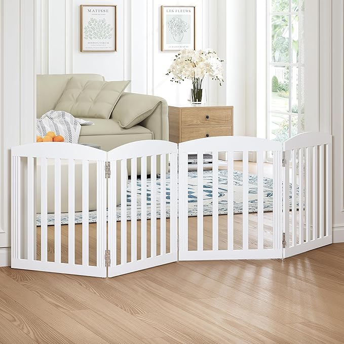 SPIRICH 96" Extra Wide 28" Tall Wooden Freestanding Foldable Dog Gate, Pet Gate Indoor, 4 Panels, White