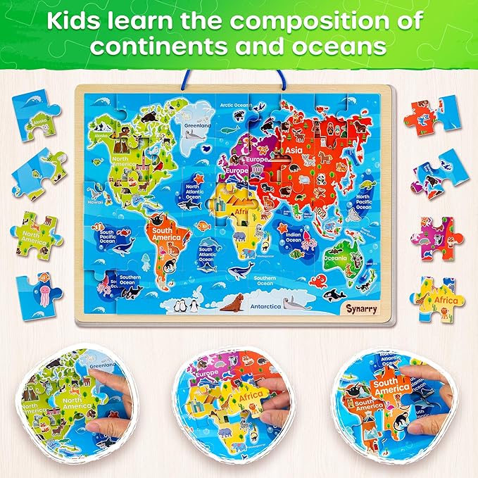 SYNARRY Large USA World Solar System Wooden Magnetic Puzzles for Kids Ages 4-6, Wood Puzzles Educational Games Toys Gifts for Toddlers, United States World Planet Space Map for Boys Girls Ages 3-5 4-8
