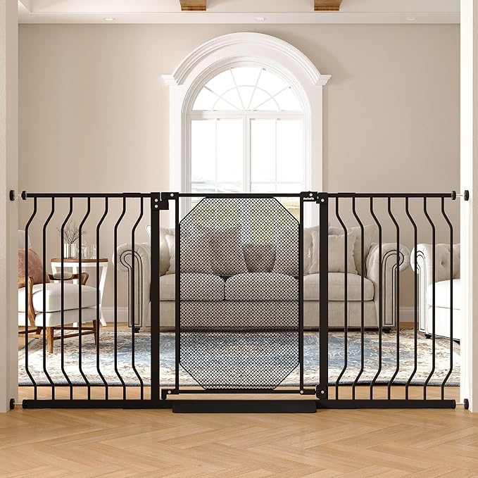 29.5"-60.5" Extra Wide Metal Baby Gate for Stairs & Doorways - Auto Close, Pressure Mounted 30.5" Tall, Easy Install, No Drilling - Child Satety Gate for Babies, Pet Gate for Dogs, Black