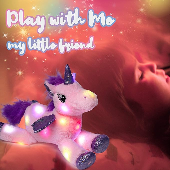 Hopearl LED Plush Unicorn Lighting Up Stuffed Animal Floppy Night Lights Glow in The Dark Birthday Festival for Kids Toddler Girls, Pink, 16''