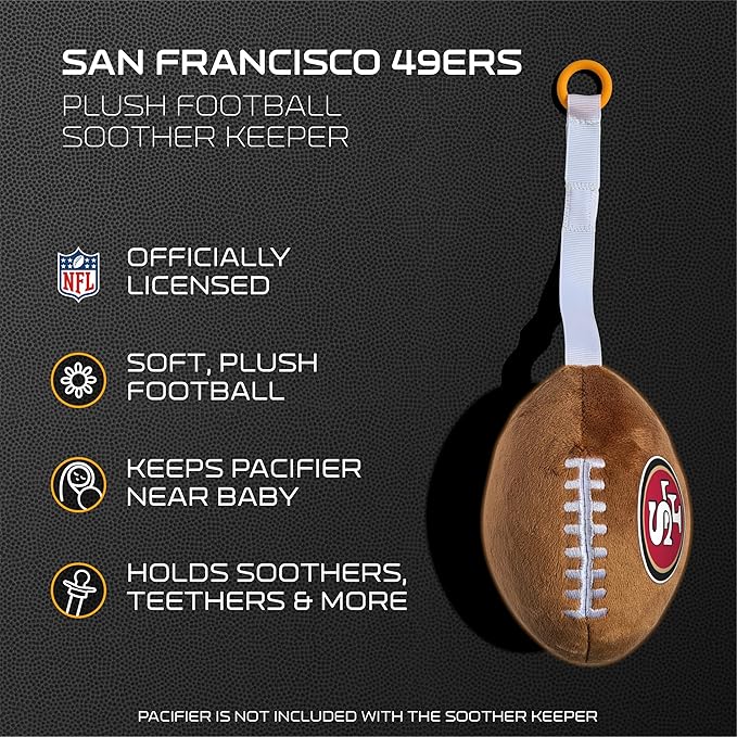 San Francisco 49ers Plush Football Pacifier Holder by Smilo - Officially Licensed NFL Soother Holder - Soft Plush Toy and Dummy Holder - Fits Any Pacifier - Stroller Accessory & Newborn Essential