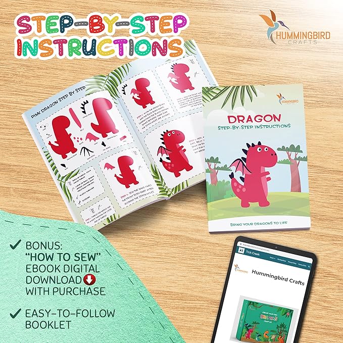 Hummingbird Crafts Sewing Kit for Kids Ages 8-12, Dragons DIY Craft Kits, Christmas Gift, Fun and Educational Sewing Kits for Kids, Sew Your Own Felt Animals