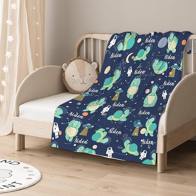 Personalized Custom Baby Blanket with Name - Astronaut Turtle Swaddle Blanket for Toddlers, Infants, Kids, Newborns - Nursery Stroller Crib Decor Throw - Birthday Gift