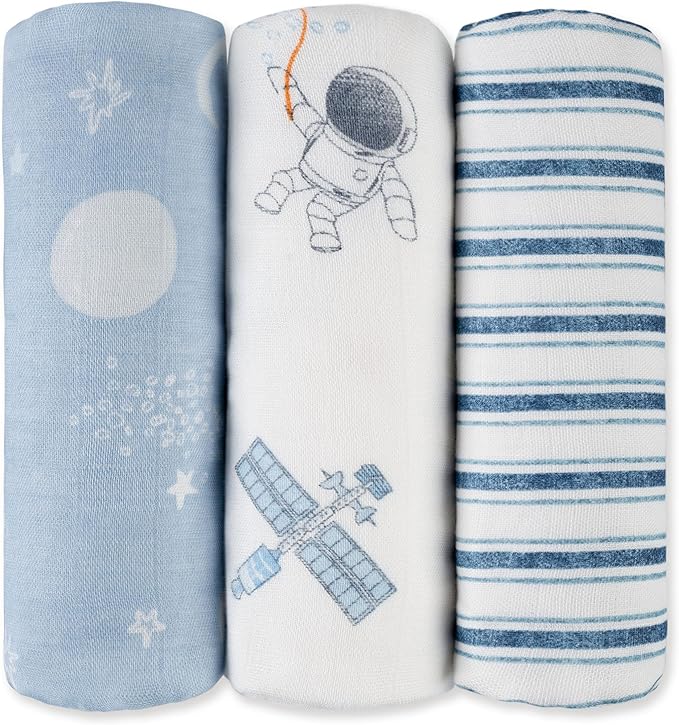 GLLQUEN BABY Receiving Blanket Boy Cotton Muslin Swaddle Blankets Girl Newborn Squares Breathable & Soft Thin Baby Blankets Cloths Double Absorbent Infant Swaddling Wrap - 3 Pack (Blue Astronaut)