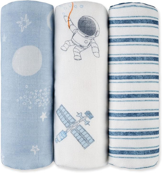 GLLQUEN BABY Receiving Blanket Boy Cotton Muslin Swaddle Blankets Girl Newborn Squares Breathable & Soft Thin Baby Blankets Cloths Double Absorbent Infant Swaddling Wrap - 3 Pack (Blue Astronaut)
