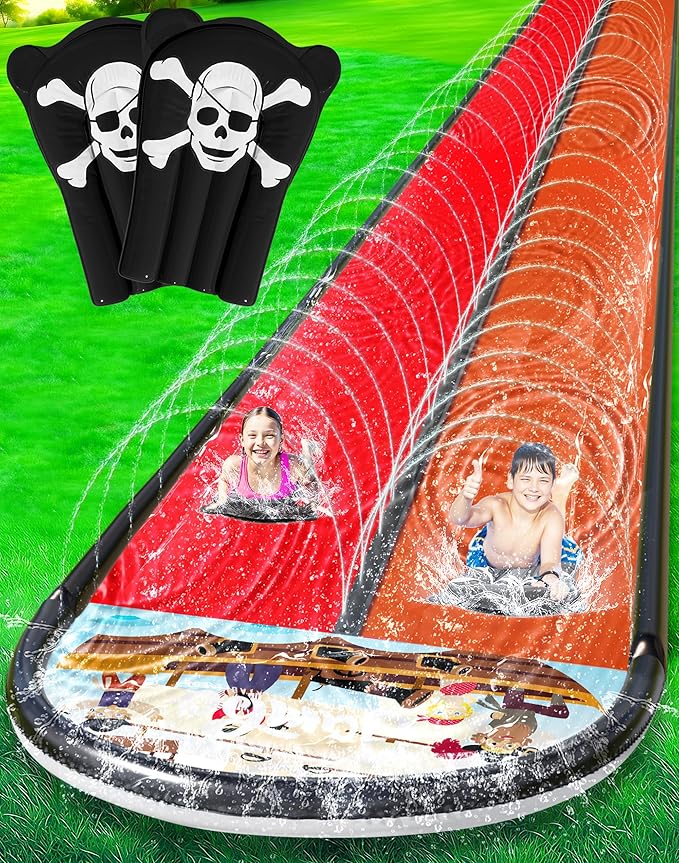 JAMBO 22Ft Water Slide and 2 Bodyboards, Extra Long Heavy Duty Slip Splash and Slide with Inflatable Bumpers, Pirate Splash Mat Water Sprinkler, Outdoor Water Toys, Summer n Toy, Splash Pad