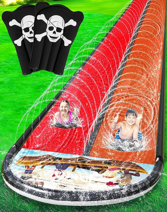 JAMBO 22Ft Water Slide and 2 Bodyboards, Extra Long Heavy Duty Slip Splash and Slide with Inflatable Bumpers, Pirate Splash Mat Water Sprinkler, Outdoor Water Toys, Summer n Toy, Splash Pad