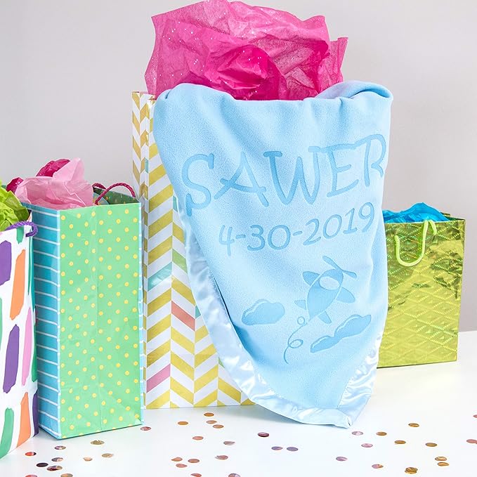 Custom Catch Ships Next Day from Vermont - Personalized Airplane Baby Blanket - Boy Name Gift - Blue or Pink (2 Text Lines)