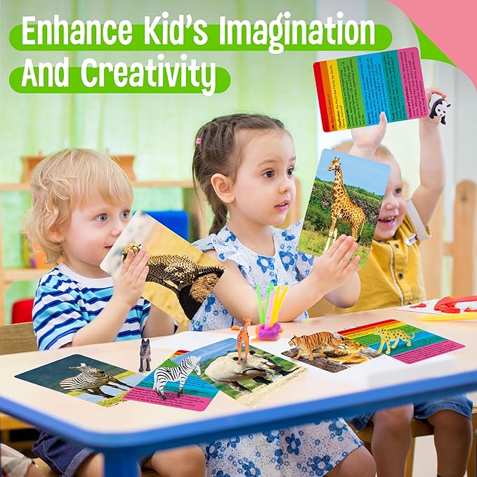 15 PCS Safari Animal Figurines with 15 Introducing Flashcards, Realistic Zoo Animal Figures Montessori Toys Science Educational Matching Game for Homeschool Preschool Toddler Kids