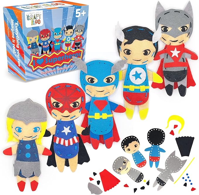 Superhero Sewing Kits for Little Kids 5 Easy Projects for Children Beginners Sewing kit Kid Crafts Make Your Own Felt Pillow Plush Craft Kit My First Sewing Kit Learn to Sew Kit