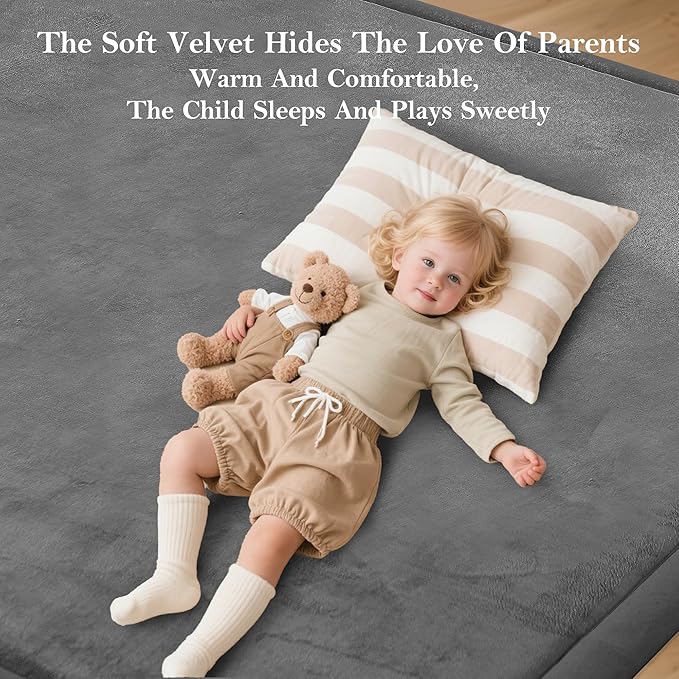 Baby Play Mat for Floor, 1.3"Thick Extra Large Cushioning Memory Foam Playpen Mat, Soft Coral Velvet Baby Crawling Mat with Non-Slip Backing for Toddlers,Infants,Kids,Yoga Mat (Dark Gray 79"×118")