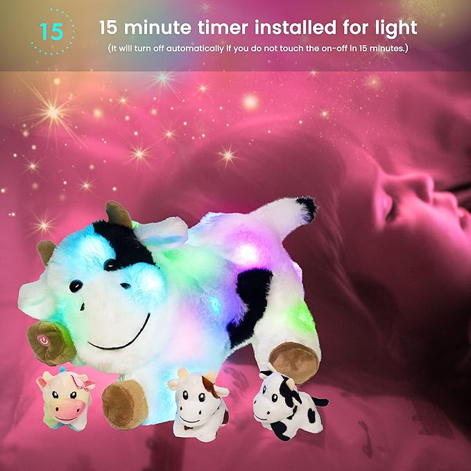 Hopearl LED Plush Cow Lighting Up Stuffed Mommy With 3 Baby Dairy Cows in Her Tummy - Floppy Animal Playset Night Lights Glow in The Dark for Mom Toddlers, 15''