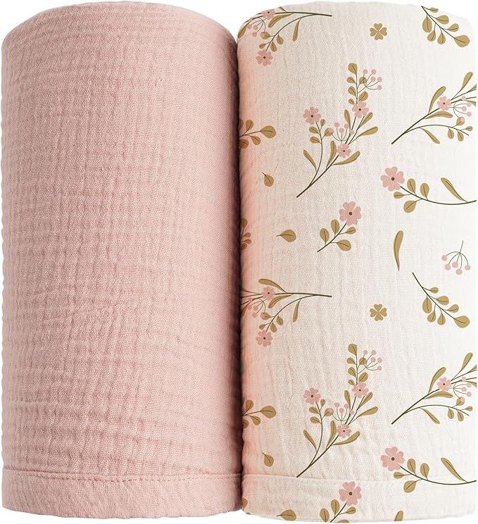 Konssy Muslin Swaddle Blankets for Boys Girls, 2 Pack Receiving Baby Blanket Large 47 x 47 inches, Soft Breathable Swaddling Wrap for Unisex Newborn (Pink, Floral)