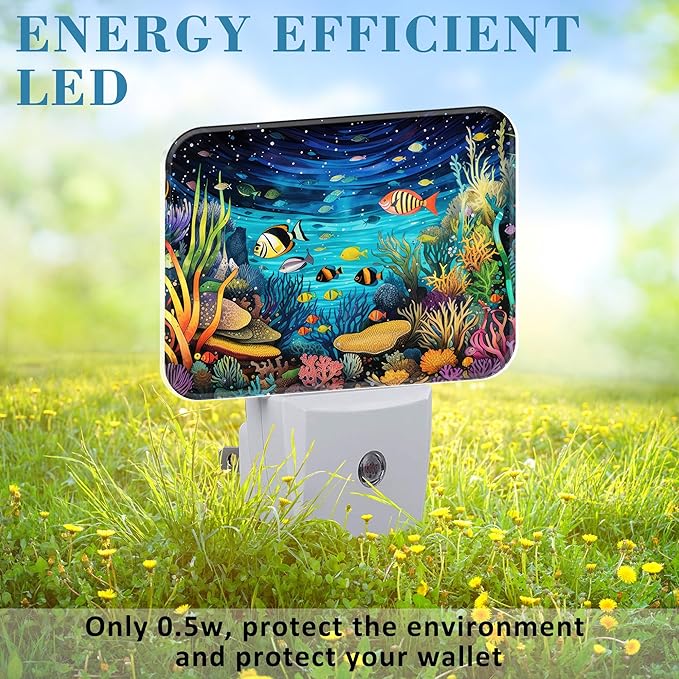 Colorful Underwater World Night Light for Kids, Fish and Coral LED Night Light Plug into Wall with Dusk to Dawn Sensor for Girls Boys Women Men Bedroom,Hallway,Kitchen,Bathroom,Stairs Decor