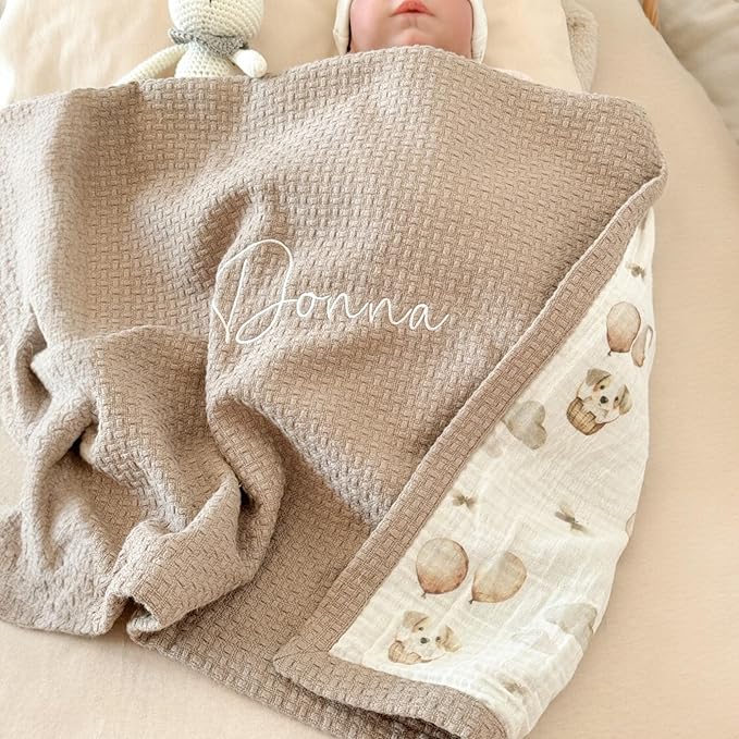 Personalized Baby Blanket with Name – Handmade 100% Organic Cotton Newborn Gift | Custom Knit Blanket for Boys, Girls, Kids & Baby Showers
