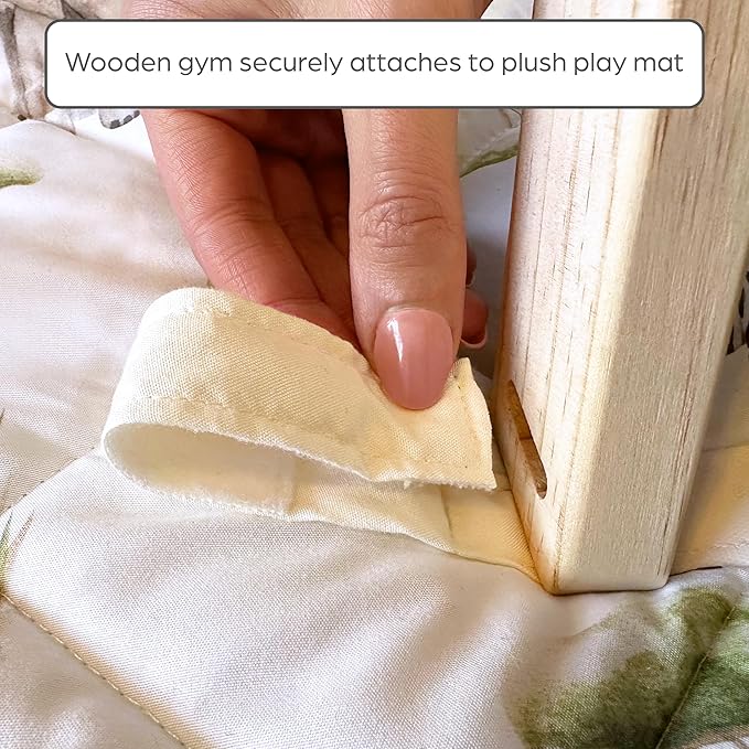 Montessori Wooden Baby Play Gym and Mat | Heirloom-Quality FSC Pine, Reversible Washable Mat, Includes Hanging Toys | Neutral Baby Activity Gym for Newborn to 6 Months