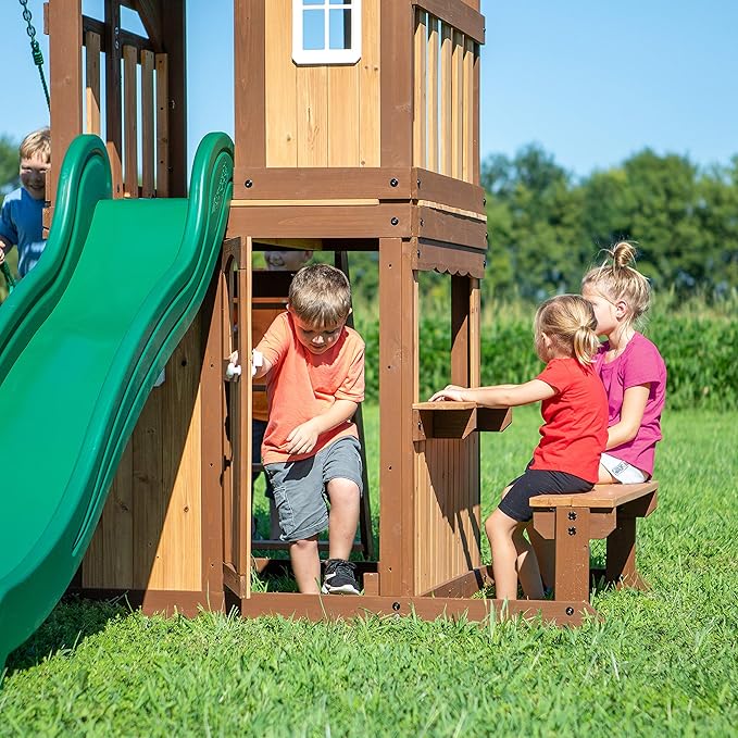 Backyard Discovery Lakewood Cedar Wood Swing Set with Wave Slide, Clubhouse, Playhouse, Snack Bar Window, Picnic Area, Belt Swings, Trapeze, Full Front Door, Windows, Step Ladder, Outdoor Playset