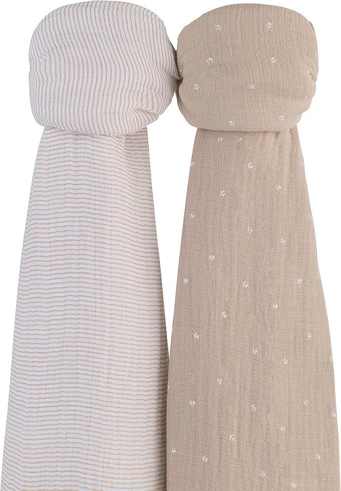 Ely's & Co. Cotton Muslin Swaddle Blanket 2-Pack — 100% Cotton Muslin Extra-Large Swaddle Blankets (47” x 47”) White Tulip on Pink + Stripes