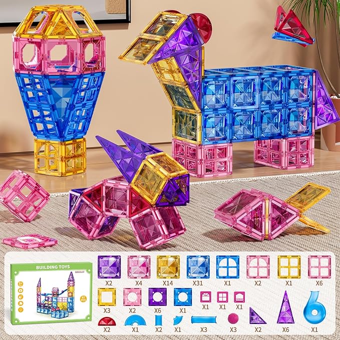 97 Pcs Magnetic Tiles for Kids Ages 4-8,Building Toys Magnetic Blocks for Kids Ages 4-8,Toddlers Educational Magnet Construction Set Magnets Tile,for 3 4 5 6 7 8 Kid Christmas Birthday Gifts