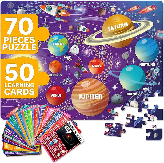 QUOKKA Solar System Puzzles for Kids Ages 4-6 - 70 Pcs Fun Kids Puzzles Ages 5-8 Preschool Floor Activities - Includes 50 Cards with 400+ Space Facts- Planet-Shaped Jigsaw Puzzle Gift for Girls Boys