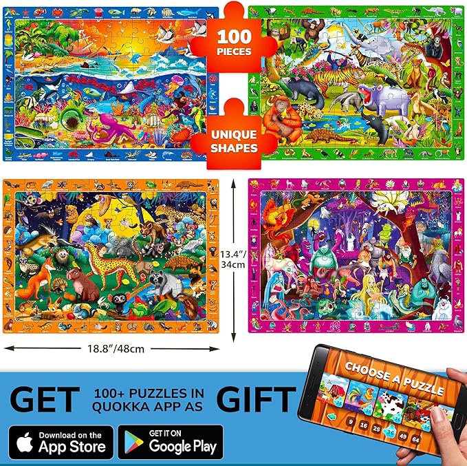 QUOKKA 100 Piece Puzzles for Kids Ages 4-6 - 4 Jigsaw Puzzles for Kids Ages 6-8 - Search and Find Observational Nocturnal Life for Childrens 5-8 - Learning Educational Toys for Boys and Girls 8-10