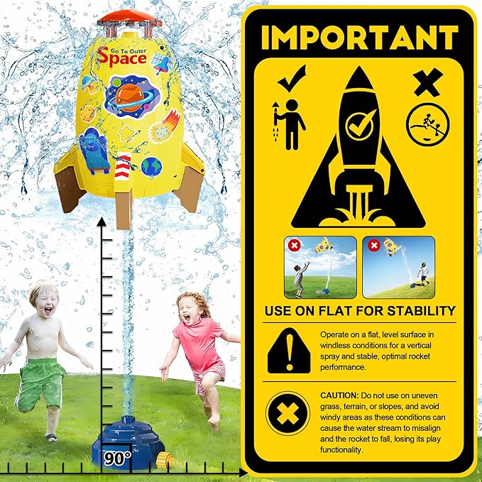 Water Rocket Sprinkler for Kids, Outdoor Sprinkler Rocket Launcher Toy for Backyard, Summer Water Toys for Kids Ages 3-12, Fun Water Powered Rocket Toy (Yellow-3)