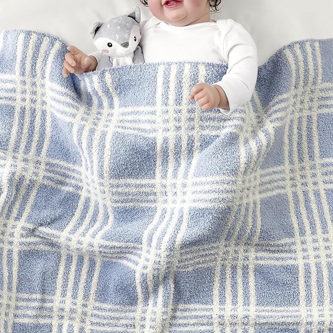 CREVENT 30"X40" Cozy Soft Warm Knitted Baby Blanket for Girls Boys, Newborn Essentials for Infant, Baby Shower Receiving Gift - Line Checked Blue 75X100cm