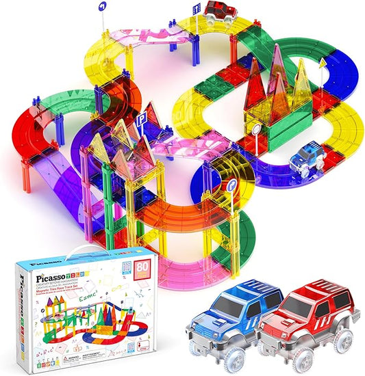 PicassoTiles 80pc Race Car Track Magnetic Tiles Building Block Educational Toy with 2 Light Up Cars Kids Toddler Toys Magnets Tile STEM Learning Construction Tracks for Fine Motor Skill Training PTR80