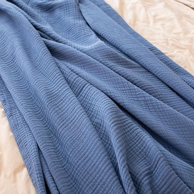 100% Turkish Cotton Muslin Blanket Queen Size 91"x95", 4-Layer Gauze Muslim Soft Light Breathable Blankets for Summer (Indigo, Queen Size: 91" x 95")
